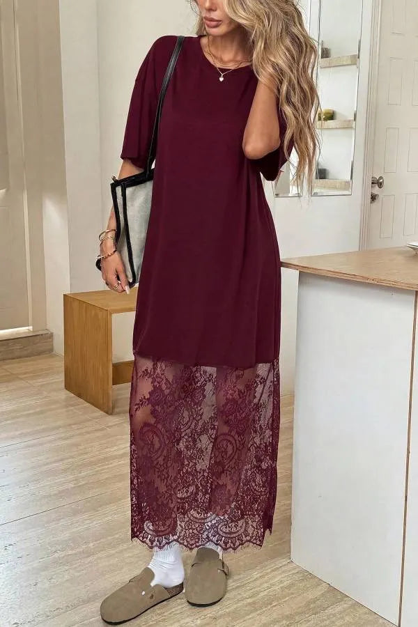 MAYA - Abito T-shirt morbido patchwork con bordo in pizzo