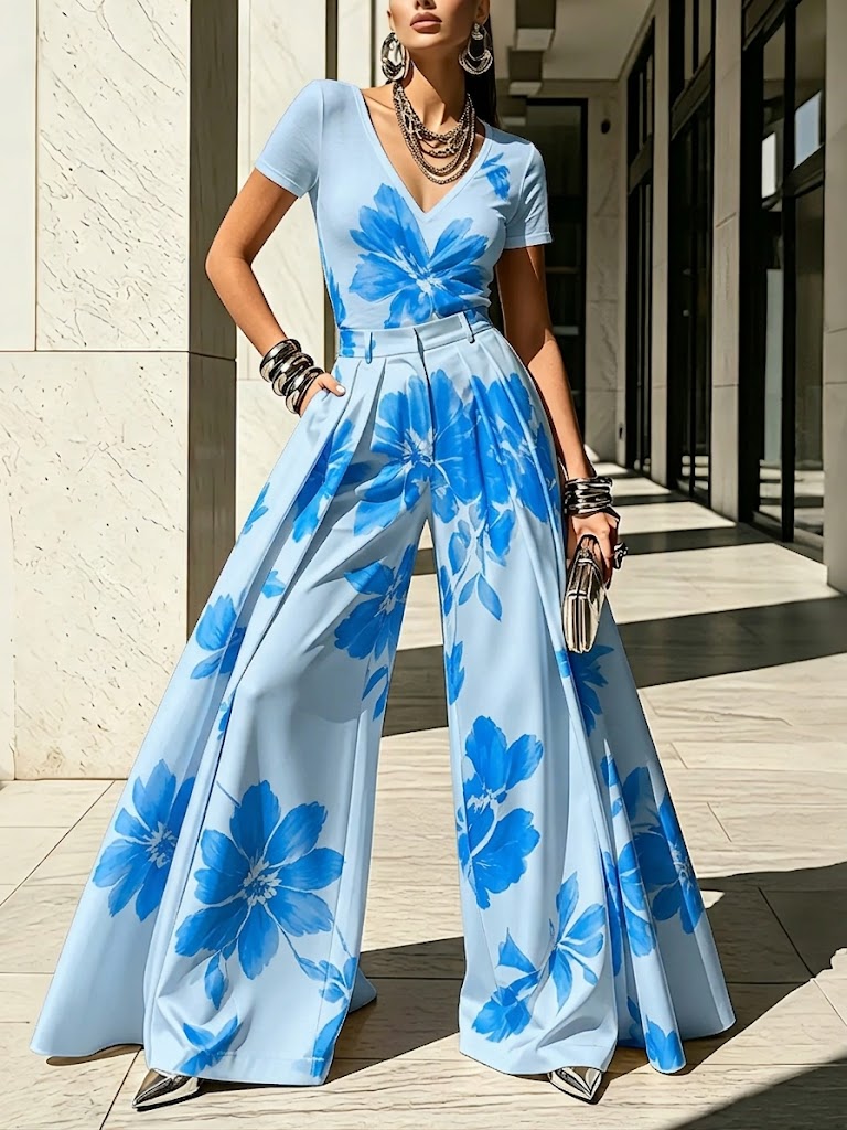 BAGNONE - Completo floreale blu, giallo e rosso a pantaloni ampi