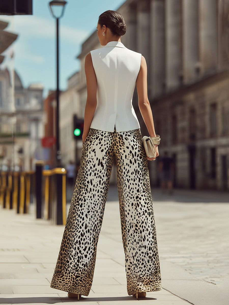 MONEGLIA - Completo blazer marrone gilet smanicato wide leg stampati