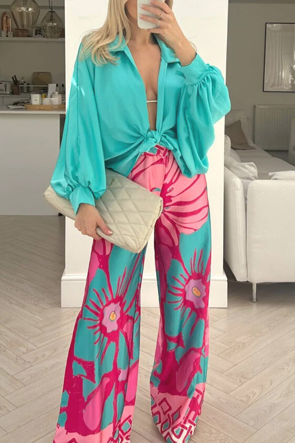 NOEPOLI - Pantaloni floreali wide-leg arancio rosa marrone verde