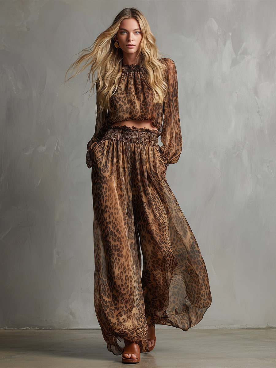 GOMBITO - Completo marrone leopardato con T-shirt e pantaloni ampi