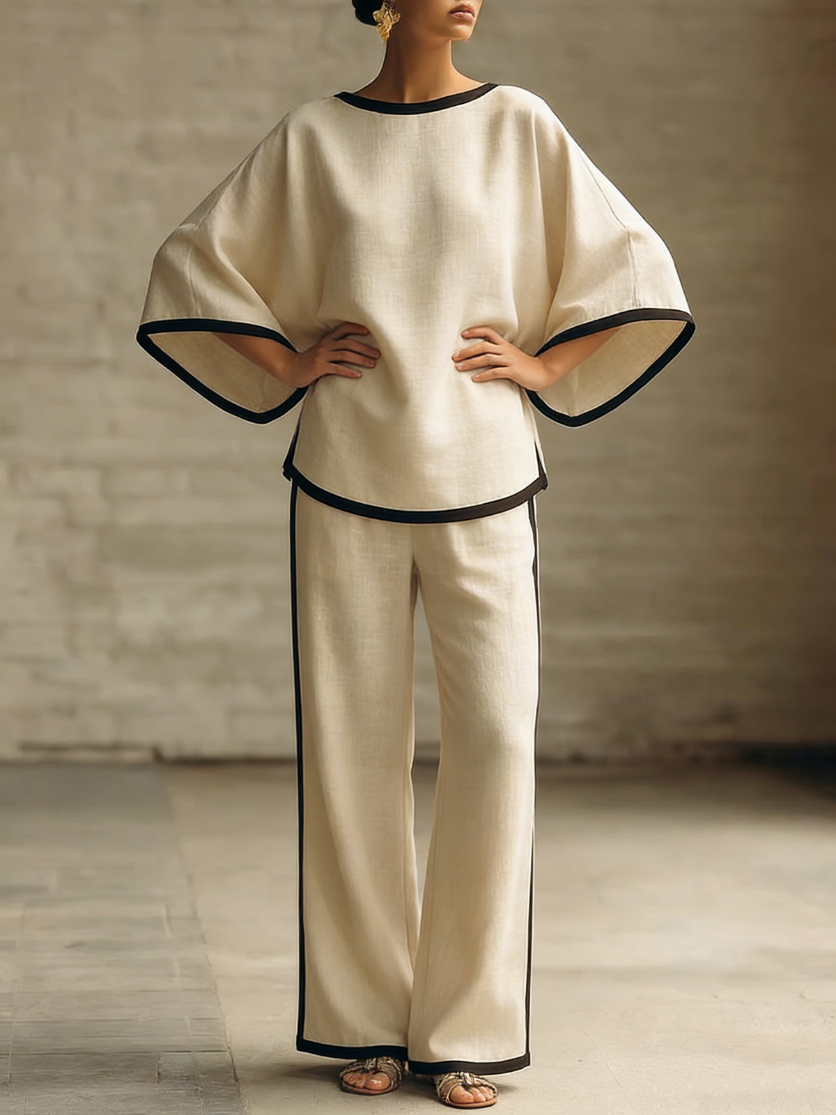 LOMAZZO - Elegant Trimmed Edge Loose Batwing Sleeve Two-piece Set