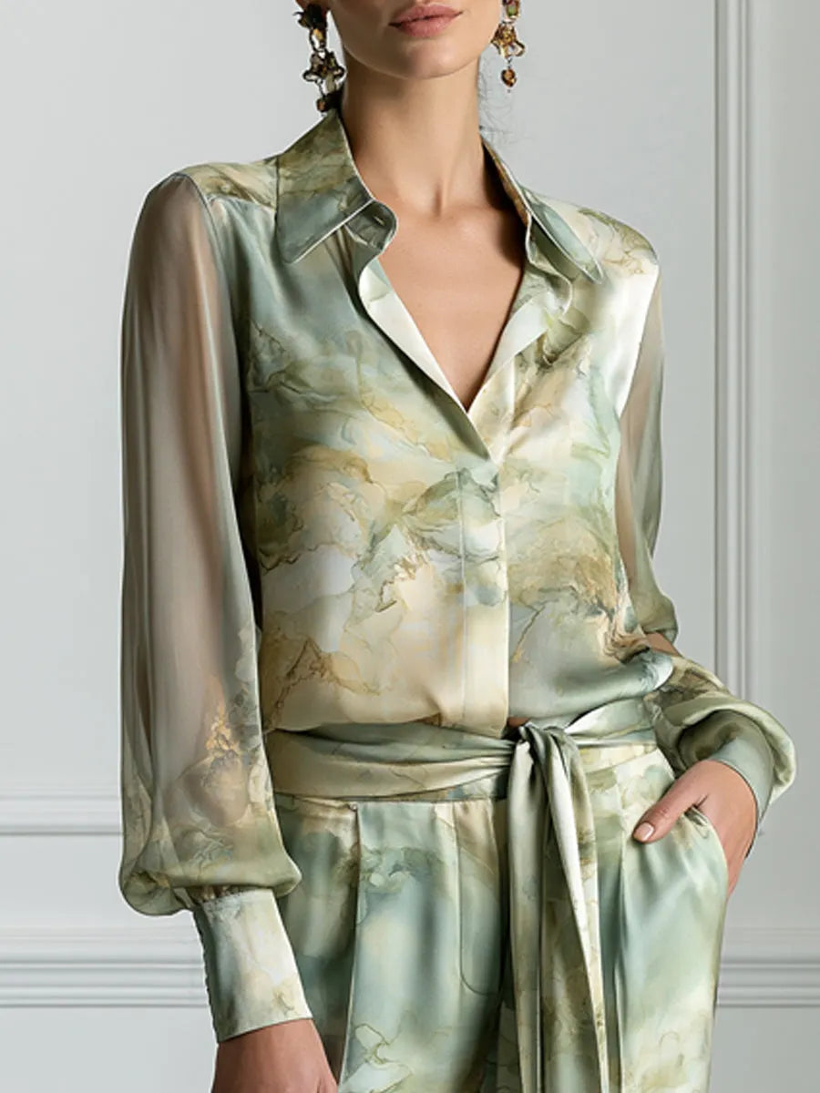 PONNA - Watercolor Fluid Print Satin Two-Piece Tailored Suit