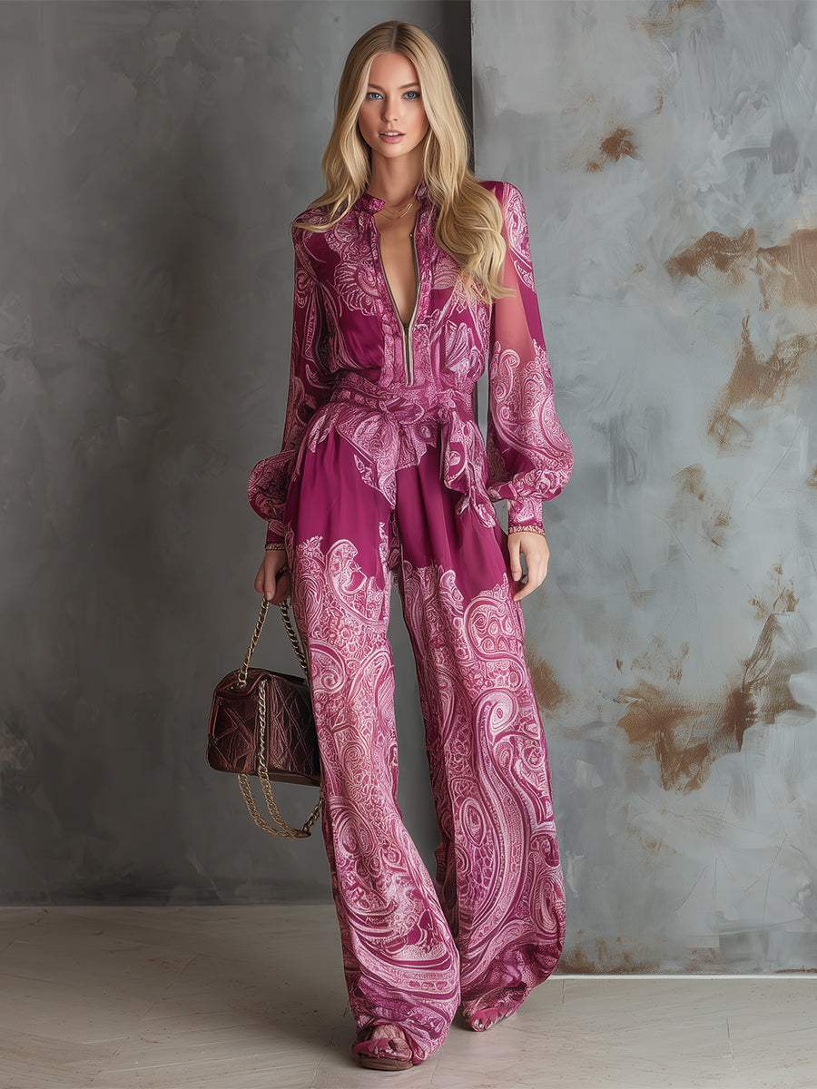 LIMBIATE - Tuta fucsia in chiffon stampato a gamba ampia