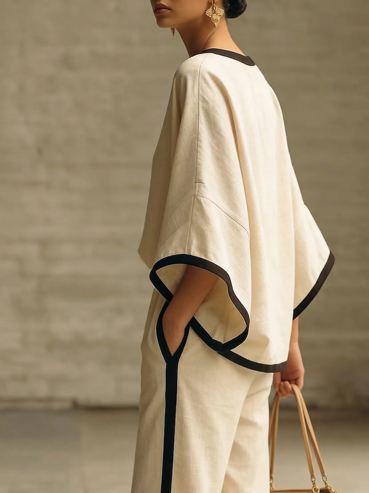 LOMAZZO - Elegant Trimmed Edge Loose Batwing Sleeve Two-piece Set