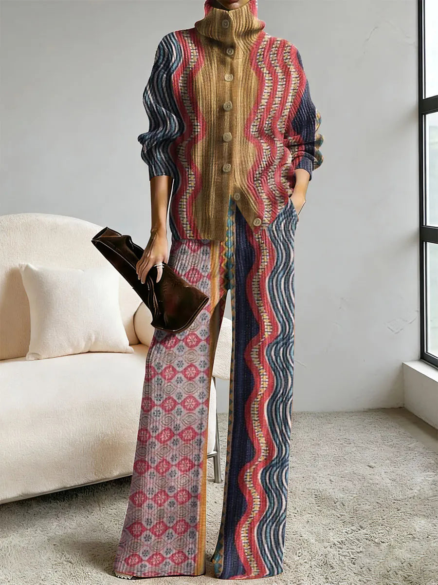 ERVE - Women's Retro Abstract Geometric Colorful Splicing Patterns Art Print Casual Cotton Knitted Suits