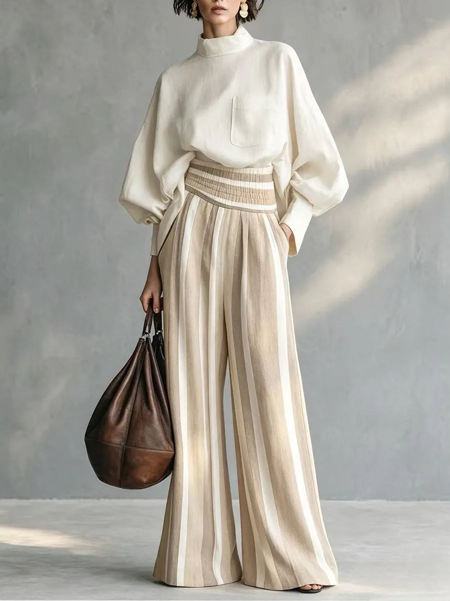 SELCI - Stylish Casual Two-piece Set Featuring A Linen-cotton Blend Top And Striped Wide-leg Trousers.