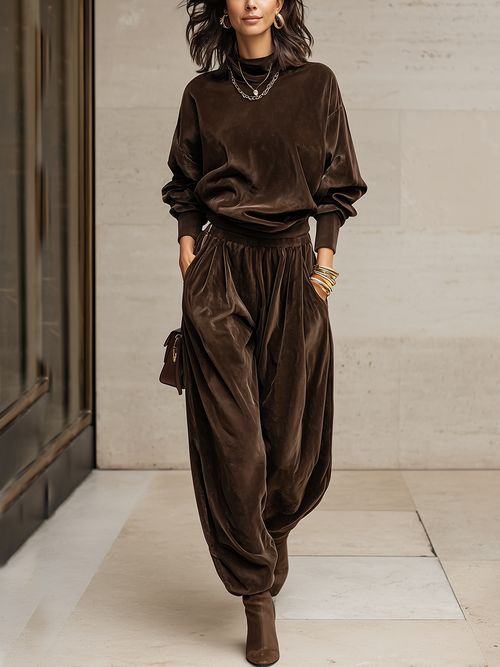 BALESTRINO - Completo marrone in velluto con top e pantaloni palazzo