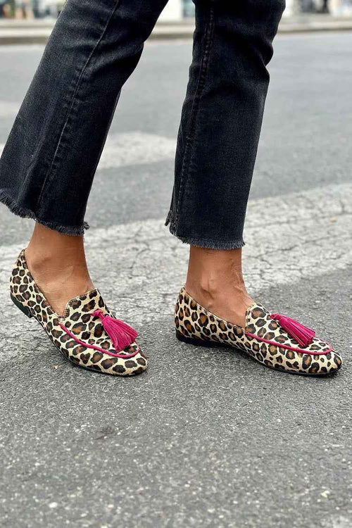 BARBARESCO - Mocassini animalier fucsia con frange audaci