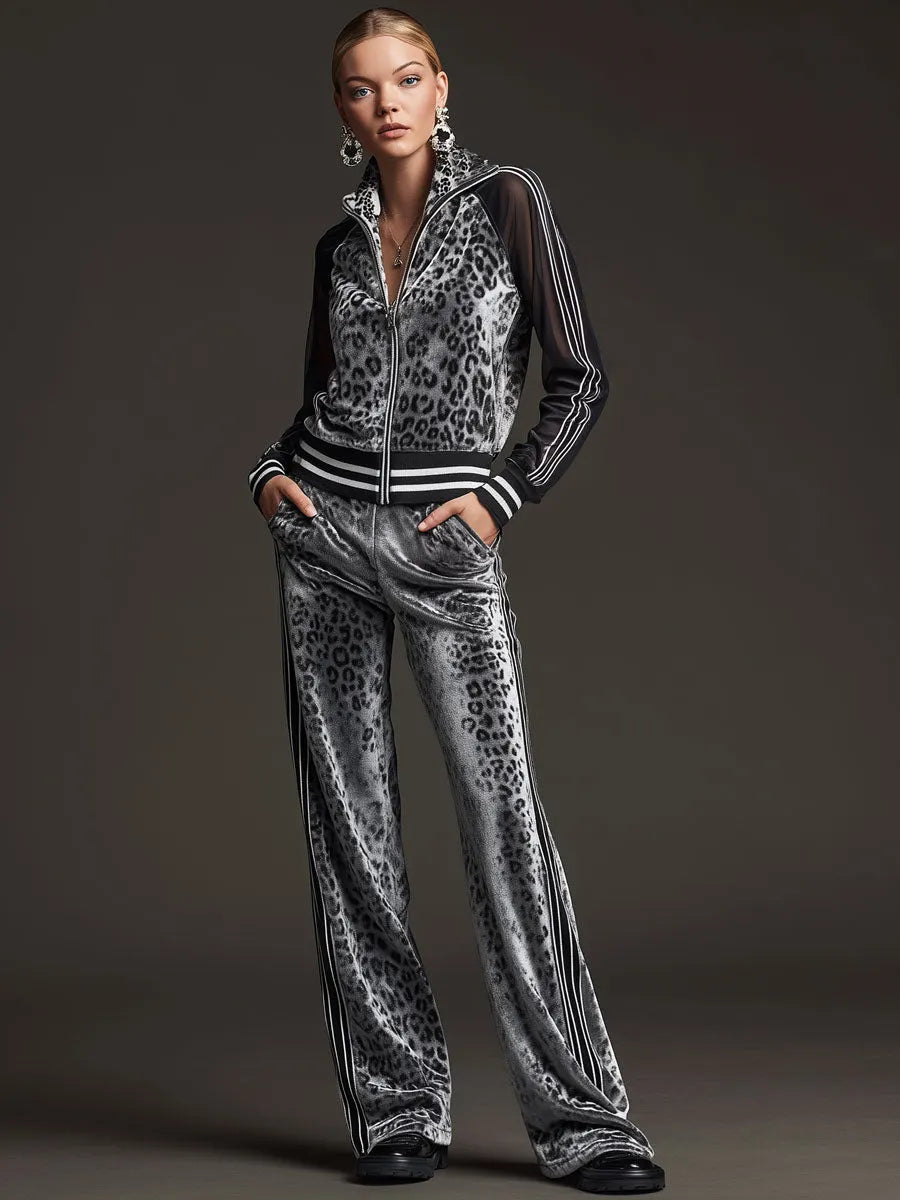 TRISSINO - Completo grigio in velluto leopardato con maniche mesh a righe