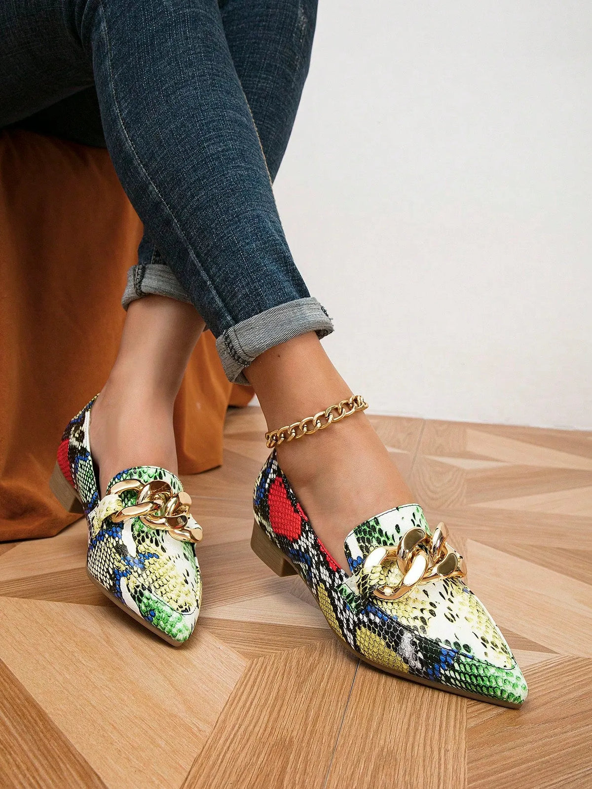 SELLANO - Mocassini colorblock effetto serpente con catena, flat slip-on