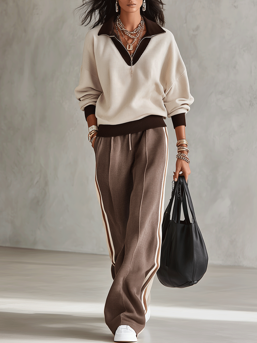 BULTEI - Completo donna bicolore con top scollo V e pantaloni rigati