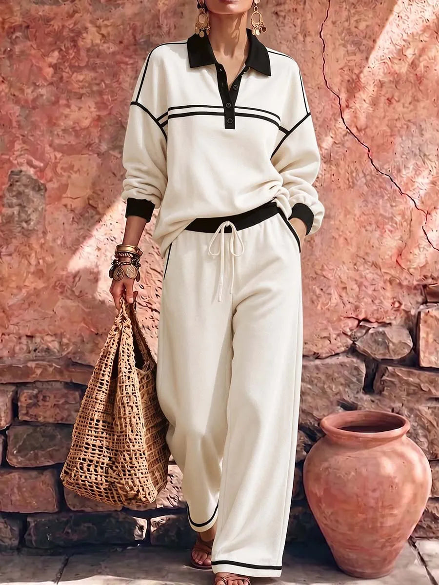 VOGOGNA - Women's Collared Long-sleeved Casual Loose Pullover Top And High-waisted Wide-leg Pants Suit