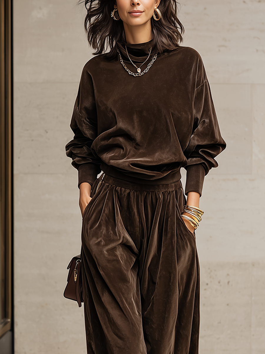 BALESTRINO - Completo marrone in velluto con top e pantaloni palazzo