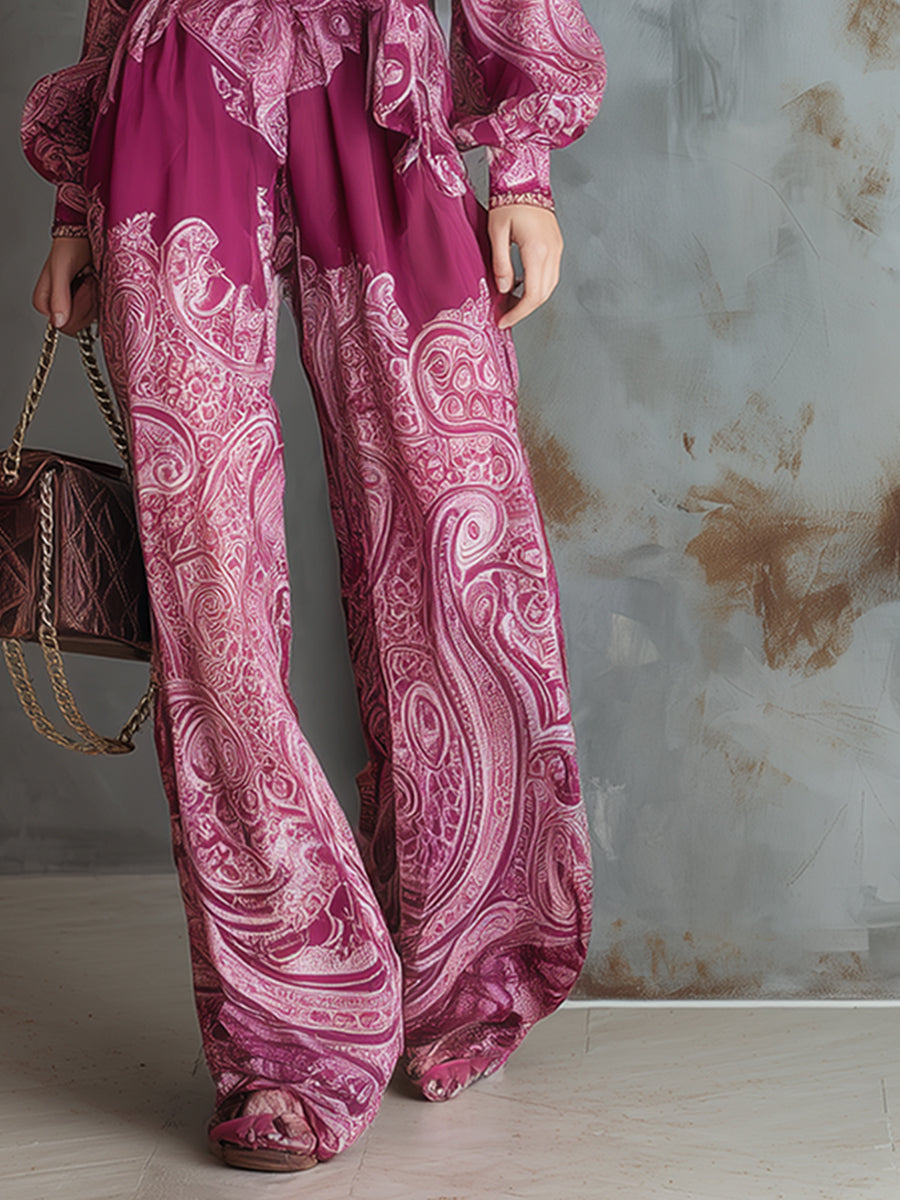 LIMBIATE - Tuta fucsia in chiffon stampato a gamba ampia