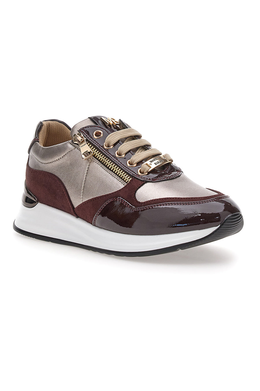 PATERNO - Sneakers donna beige e bordeaux con zip e dettagli verniciati