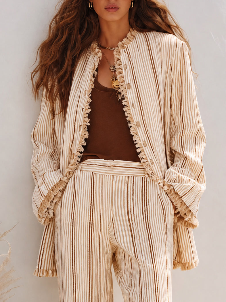 FILIANO - Completo boho giacca frangiata e pantaloni palazzo multicolore