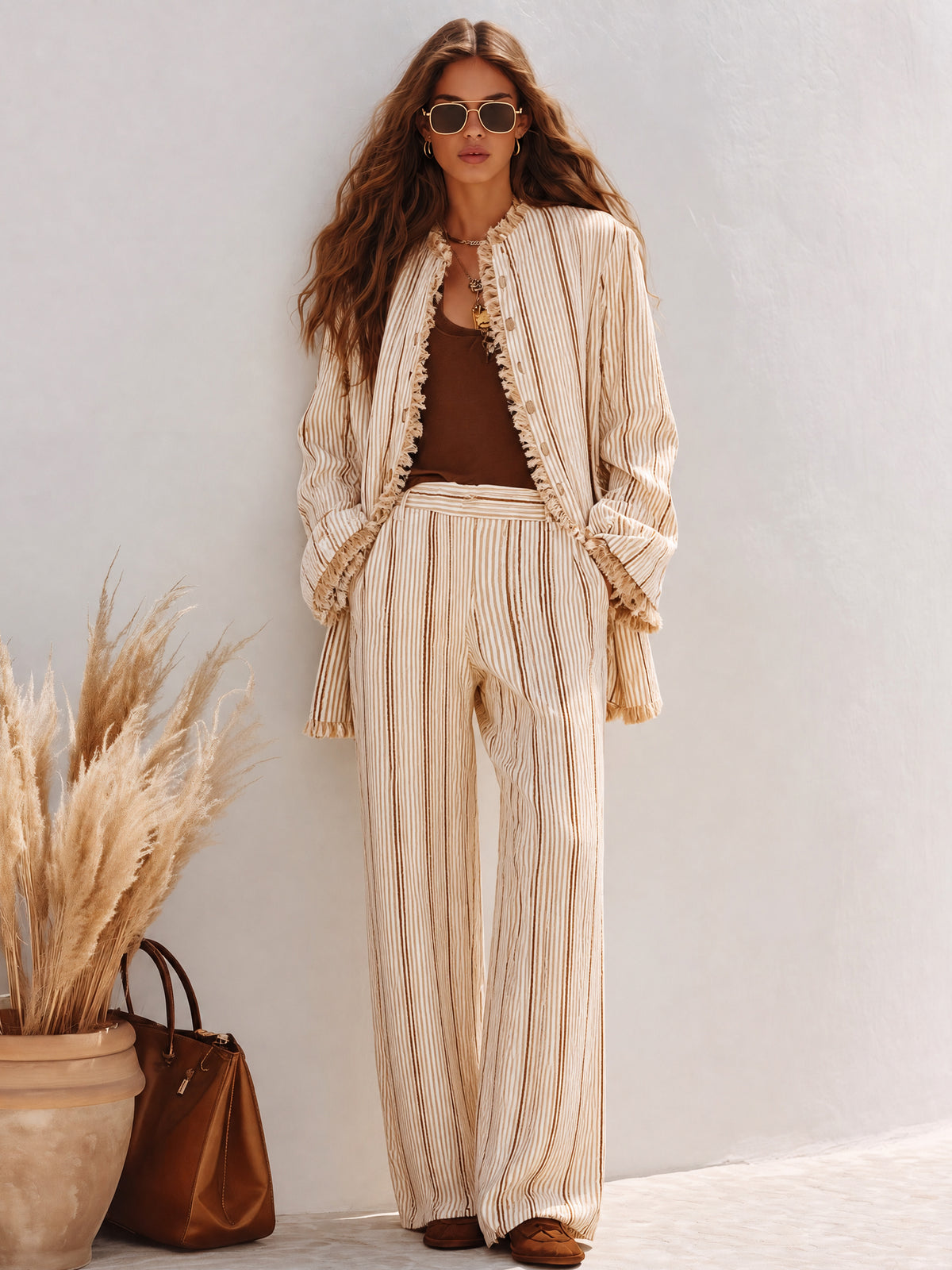 FILIANO - Completo boho giacca frangiata e pantaloni palazzo multicolore
