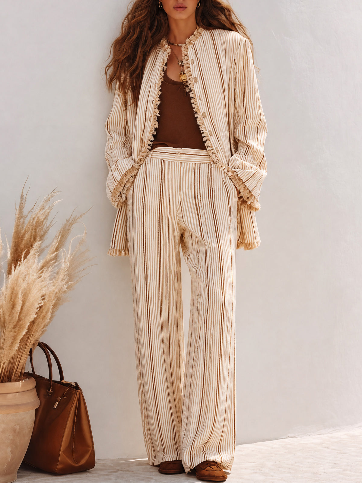 FILIANO - Completo boho giacca frangiata e pantaloni palazzo multicolore