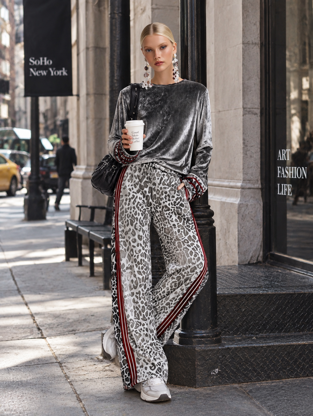 FARINDOLA - Set grigio in velluto con righe e pantaloni leopardati a gamba larga