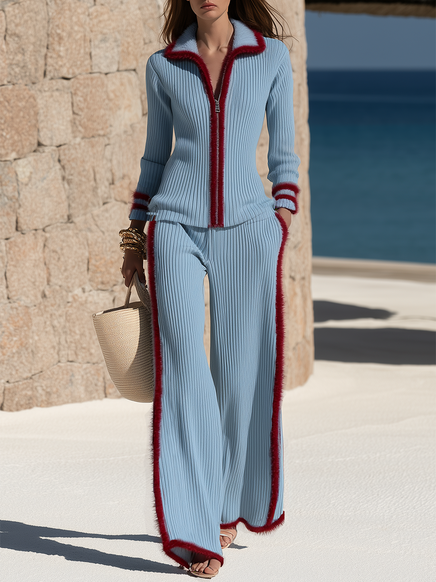 SARDARA - Set blu in maglia mohair con cintura e pantaloni wide leg