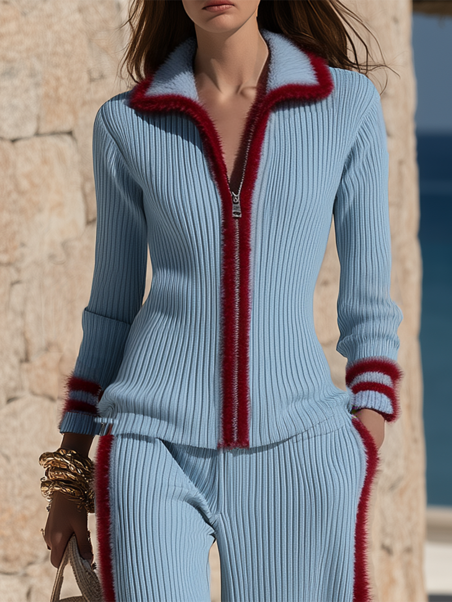 SARDARA - Set blu in maglia mohair con cintura e pantaloni wide leg
