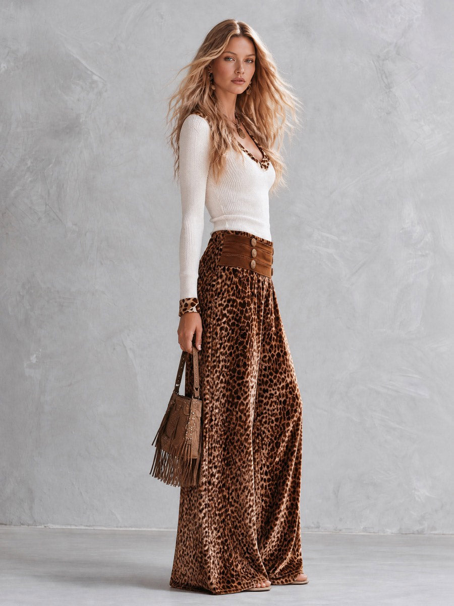 FILETTO - Completo maglia avorio e pantaloni ampi leopardati in velluto