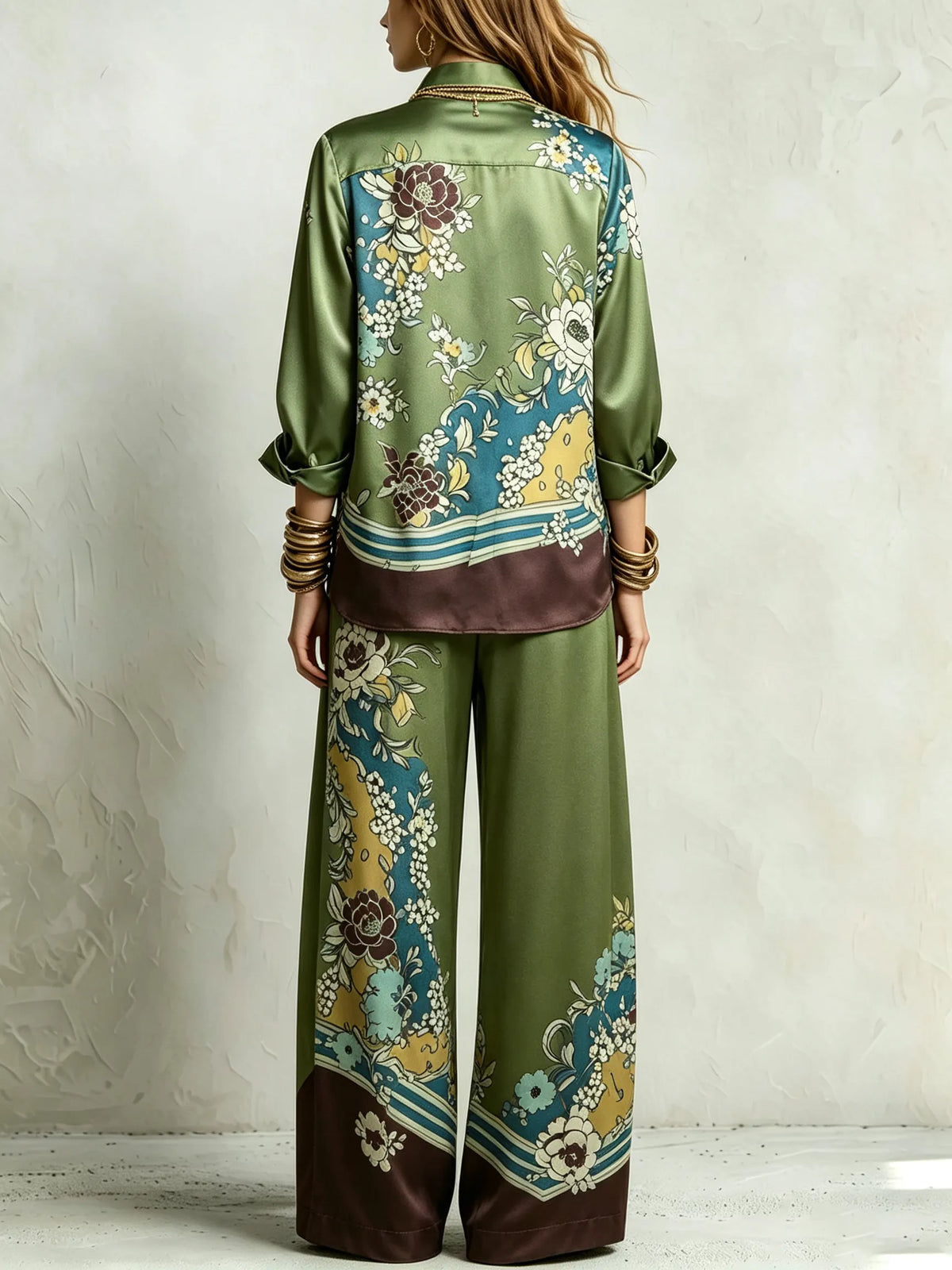 THIENE - Bohemian Green Floral Print Shirt And Drawstring Wide-leg Pants Suit