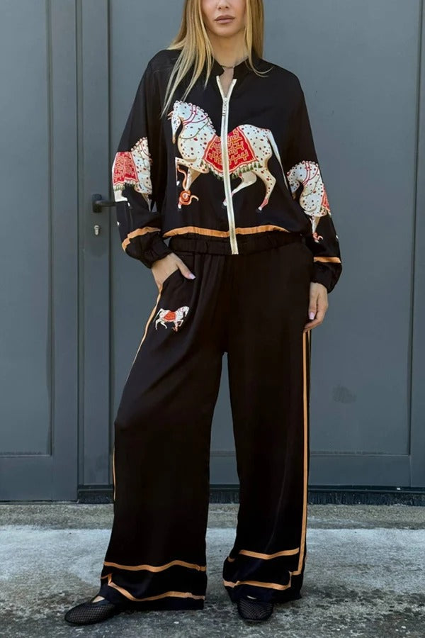 CETO - Pantaloni satinati color block con cavalli, tasche e gamba ampia