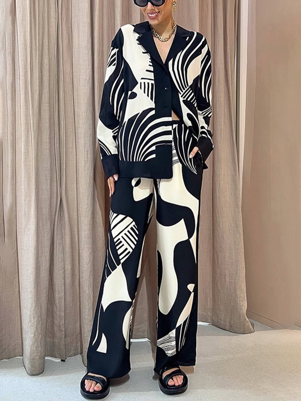 GUBBIO - Trendy Graffiti Print Loose Wide Leg Pants Set