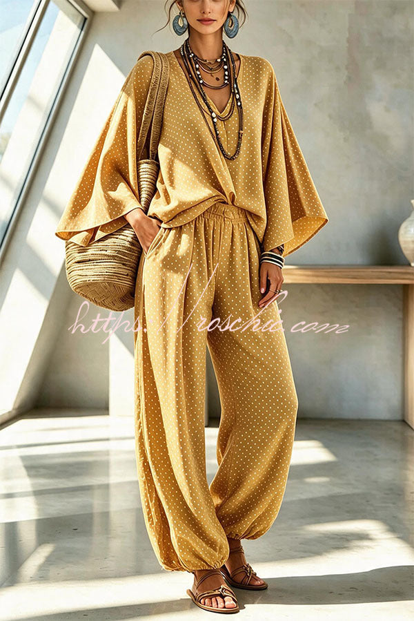 SOMAGLIA - Retro Style Polka Dot Print Batwing Sleeve Top and Elastic Waist Loose Jogger Pants Set