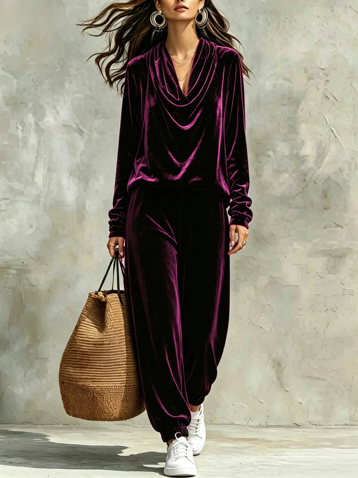 CIRIGLIANO - Completo in velluto con top cowl-neck e pantaloni