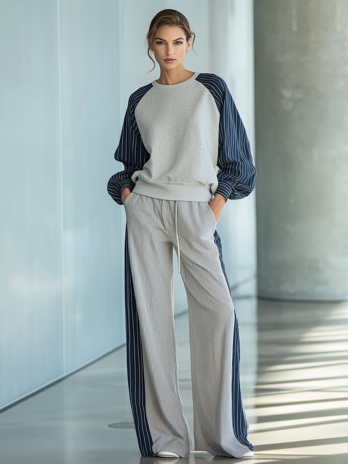 MANDELA - Women's Lightweight Casual Color-block Striped Raglan Sleeve Top And Pants Set