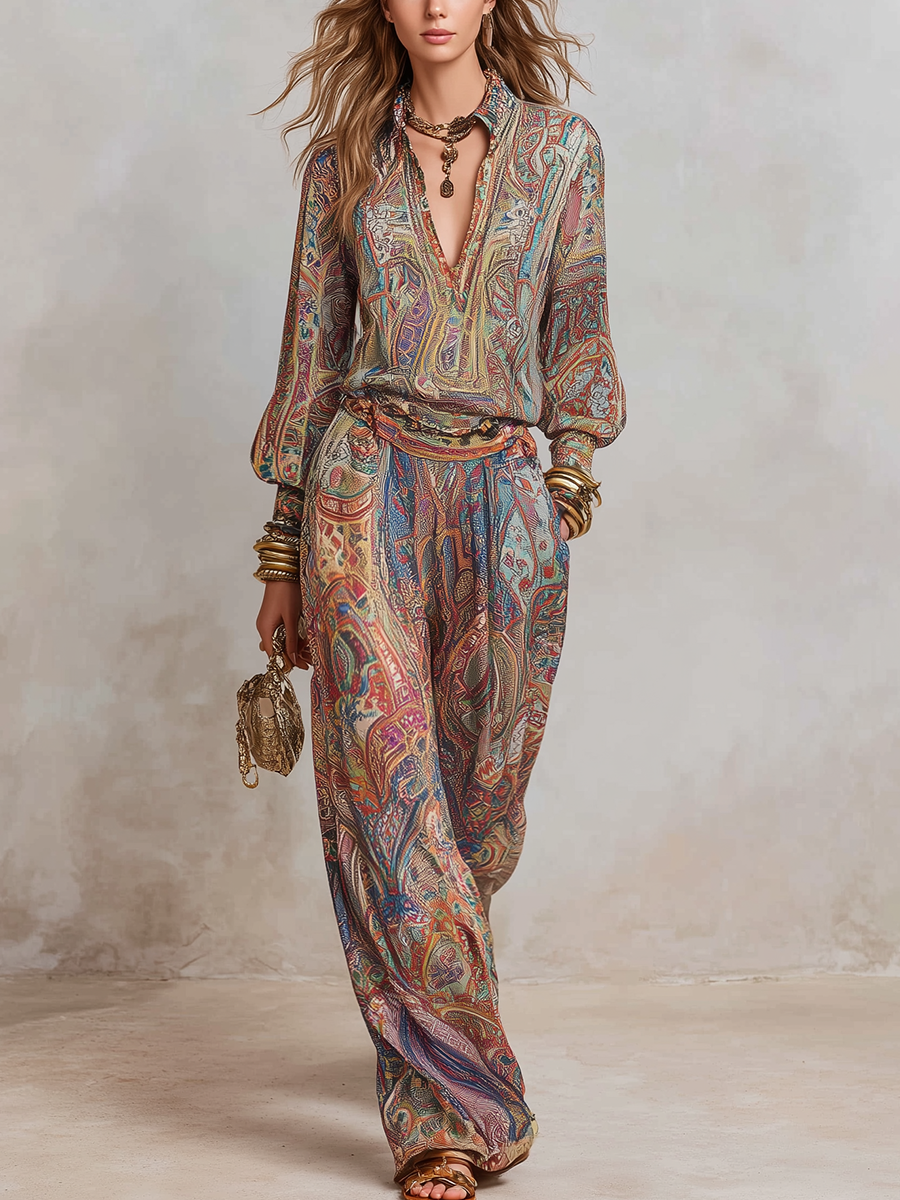 LINDA - Exquisite paisley print wide leg pantsuit