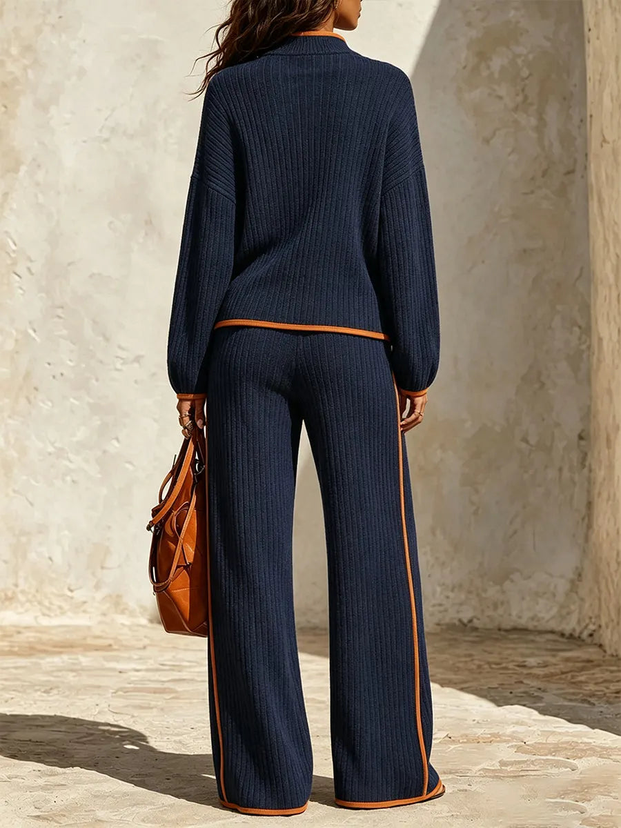 CHIAVERANO - Stylish And Elegant Two-piece Ribbed Knit Set With Color-block Detail