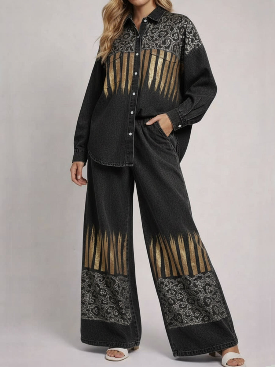 QUIRINA - Completo due pezzi denim fantasia multicolor jeans e camicia