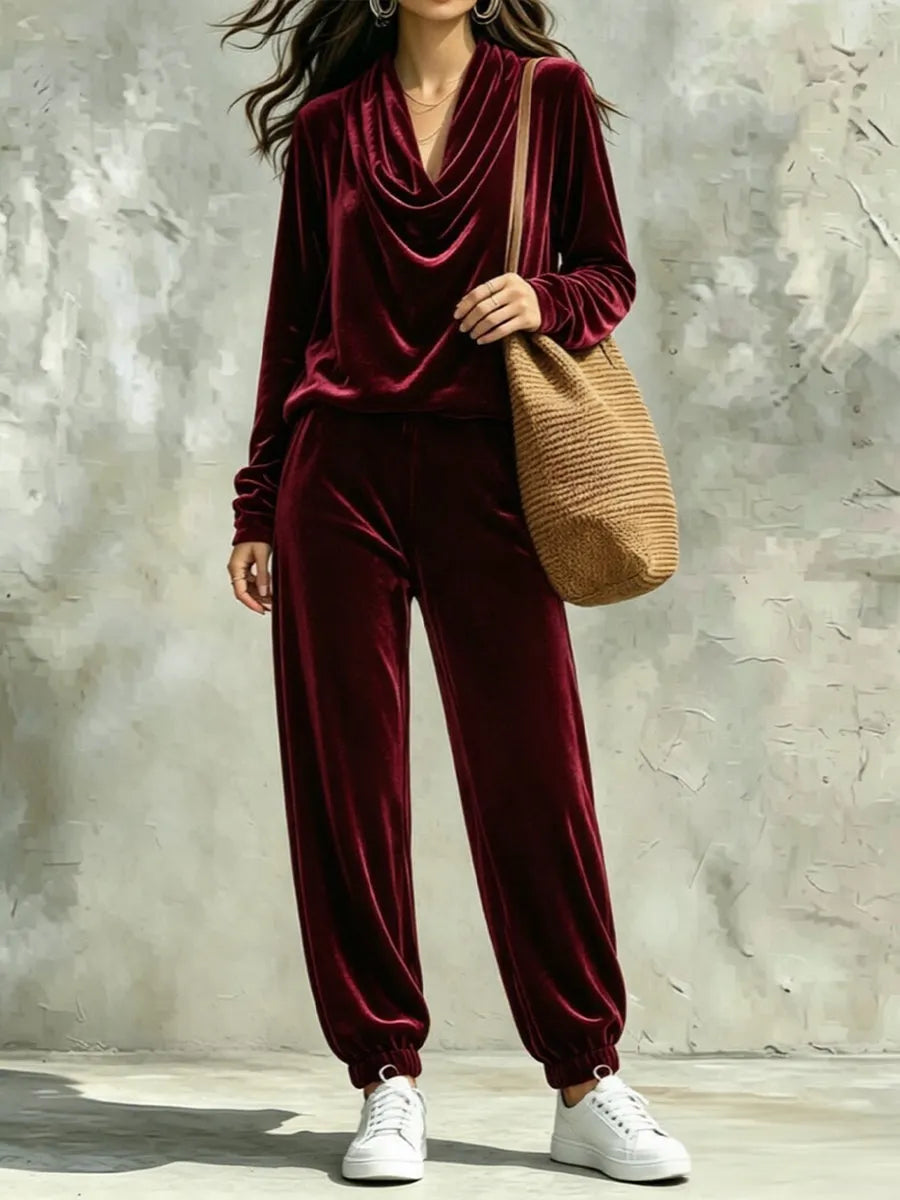 CIRIGLIANO - Completo in velluto con top cowl-neck e pantaloni