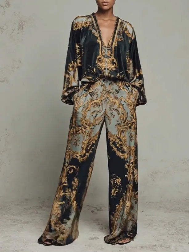 FUTANI - Completo nero floreale con top e pantaloni ampi