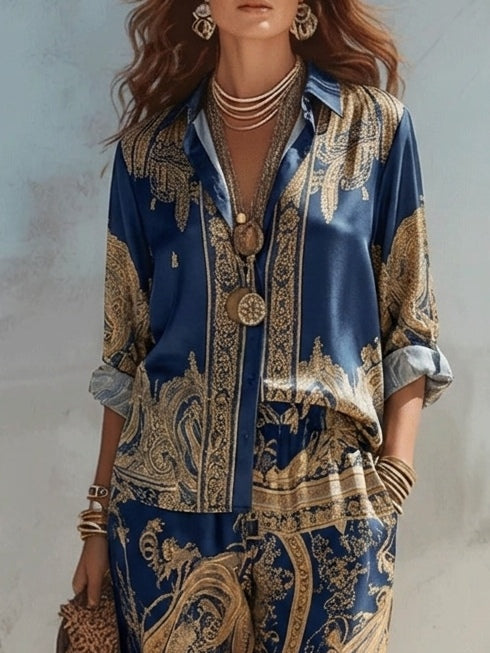 BAGNARIA - Completo blu con stampa barocca e pantaloni ampi