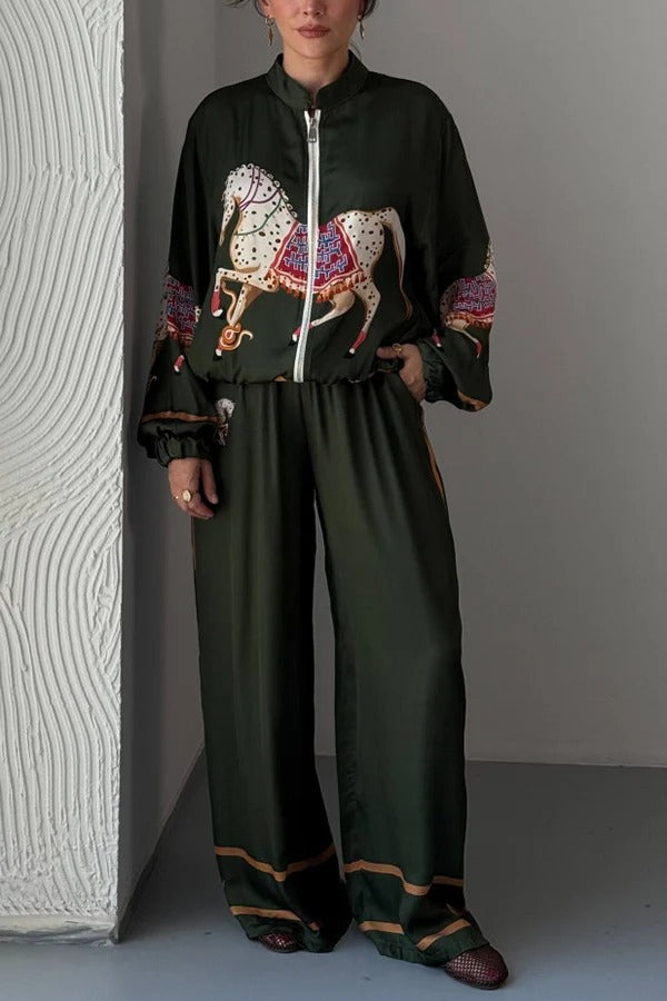 CETO - Pantaloni satinati color block con cavalli, tasche e gamba ampia