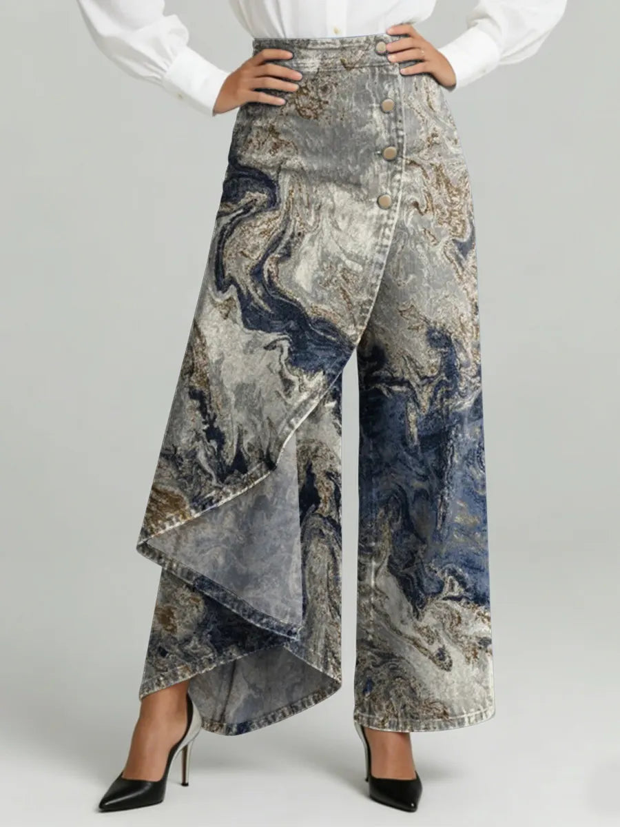 LISIO - Jeans Multicolor a Vita Alta con Motivi Nuvola e Fumo