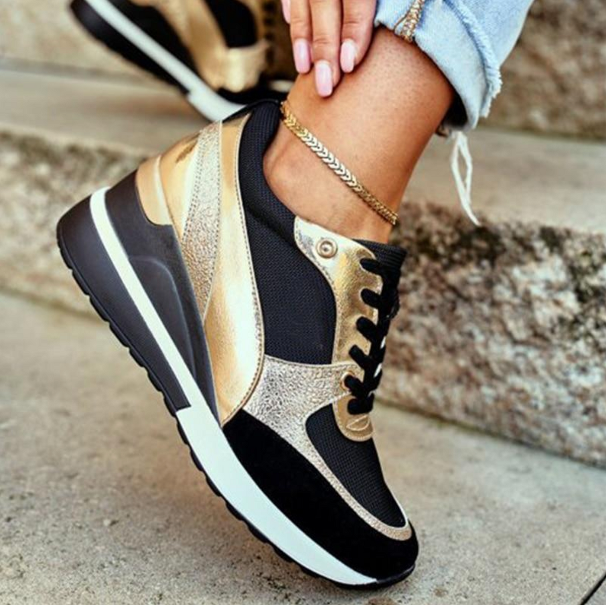 BOSARO - Sneakers zeppa eleganti nero oro argento