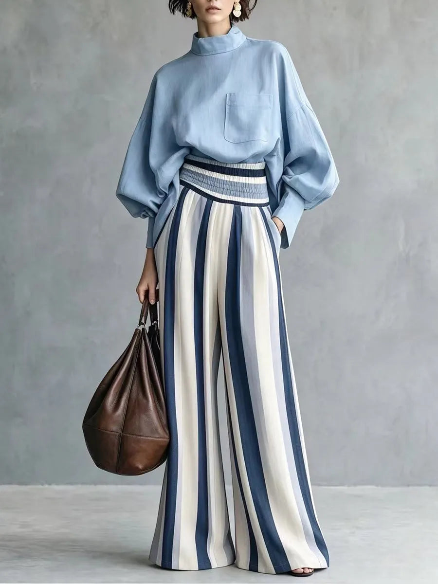 SELCI - Stylish Casual Two-piece Set Featuring A Linen-cotton Blend Top And Striped Wide-leg Trousers.