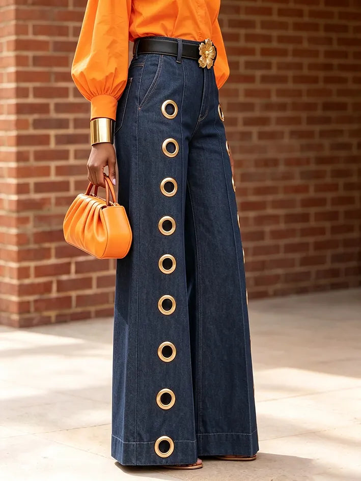 ROSITA - Jeans Wide-Leg in Denim Blu Navy Metallizzato