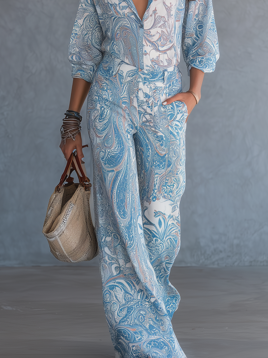 MARTIGNANO - to boho azzurro paisley con pantaloni ampi
