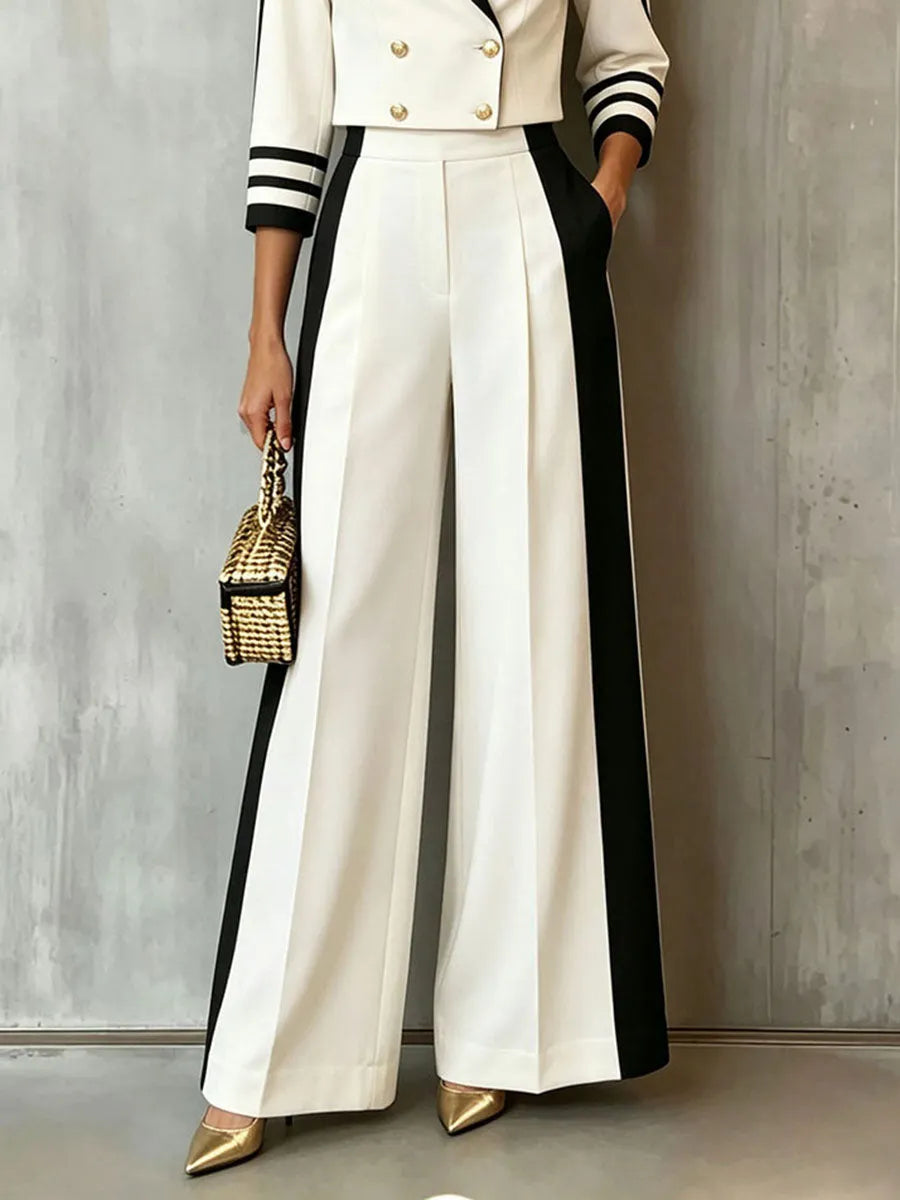 ROMBIOLO - Chic Sophisticated Black And White Colorblock Blazer And Trouser Suit