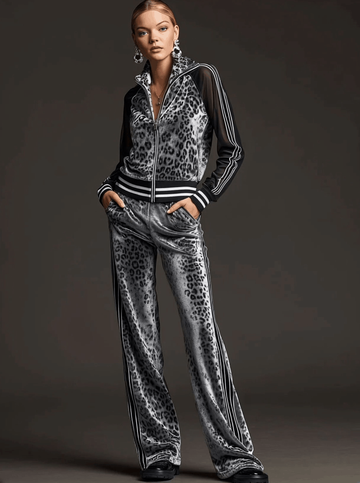 TRISSINO - Completo grigio in velluto leopardato con maniche mesh a righe