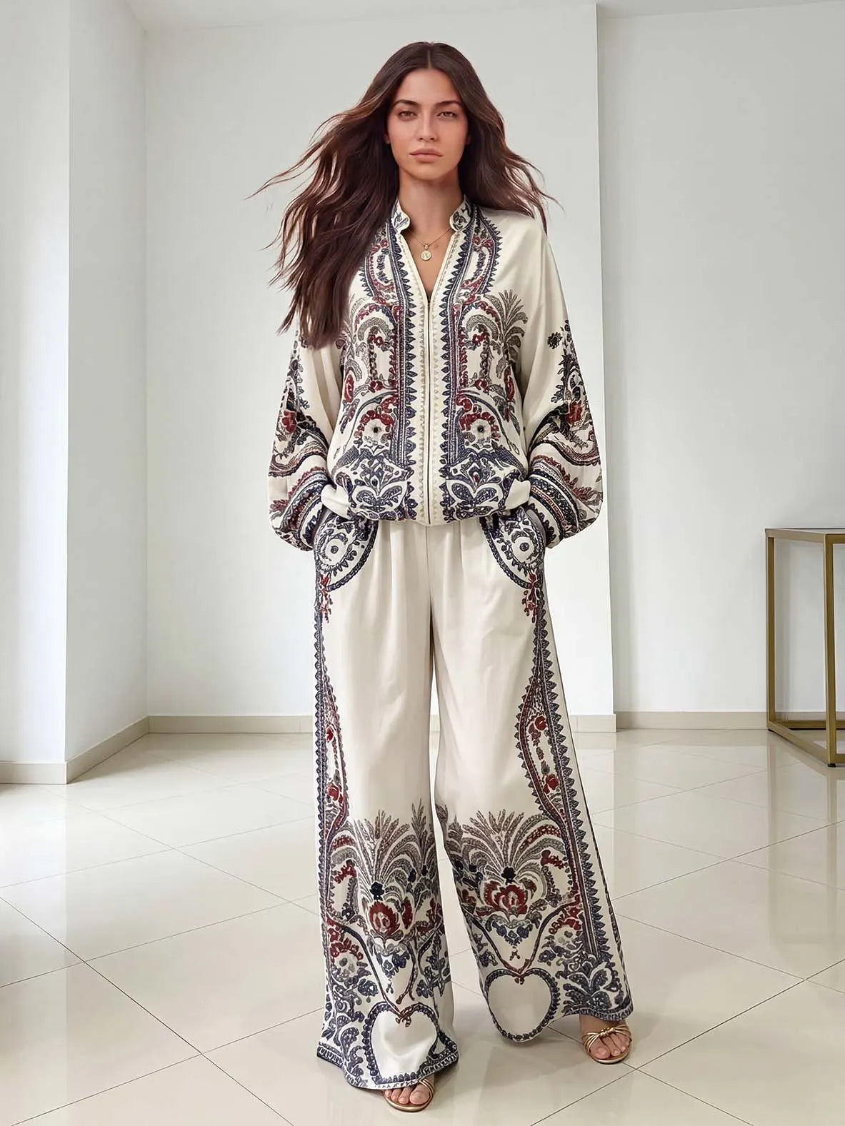 SUPERSANO - Completo bianco con stampa paisley, camicia zip e pantaloni palazzo