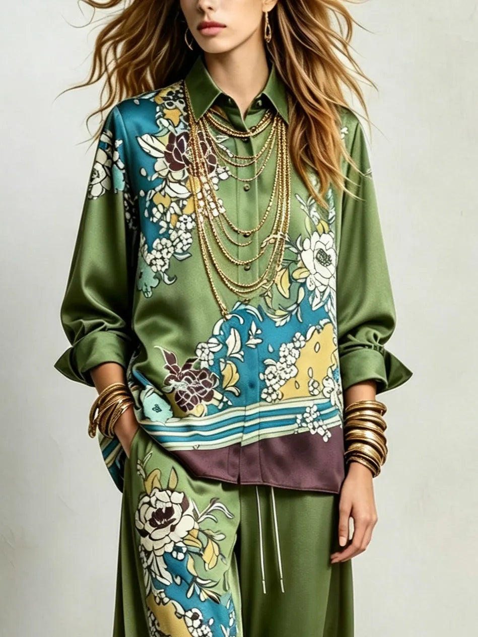 THIENE - Bohemian Green Floral Print Shirt And Drawstring Wide-leg Pants Suit