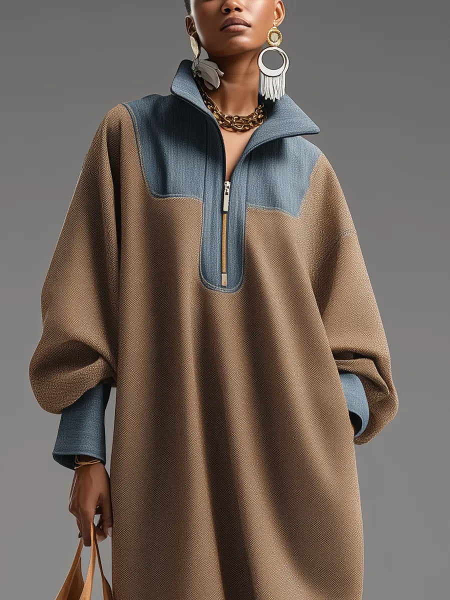 KELLY - Abito lungo marrone in denim con collo alto